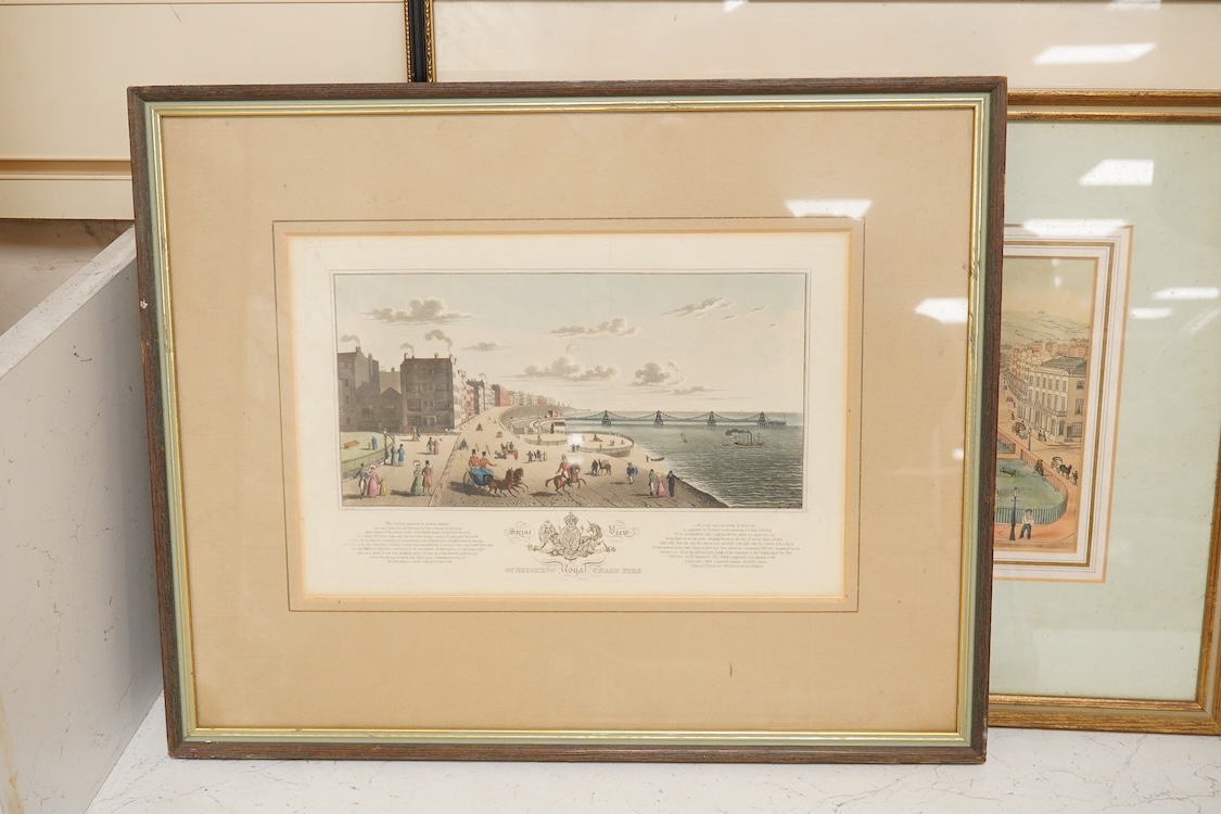 A collection of Brighton interest prints, 19th century and later to include: the Interior of The Newmarket Place, The Parish Church, Brighton and Brighton Town Hall and Market, largest 20 x 30cm, each framed